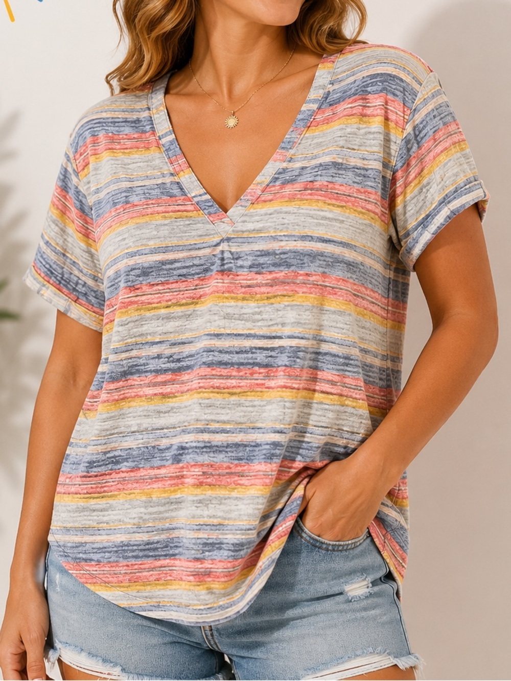 St. John's Bay Multi-Striped V-Neck Short Sleeve Tee LARGE